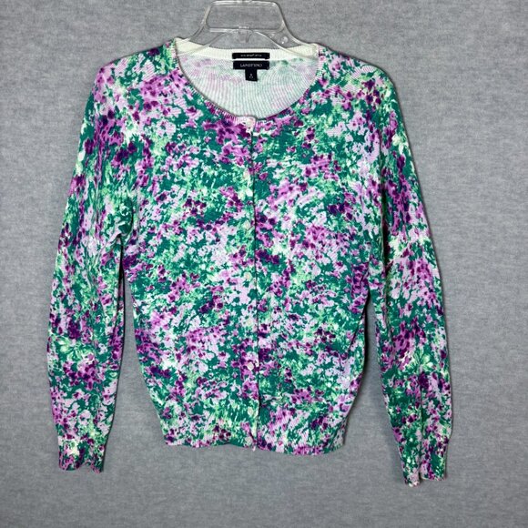 Lands End Women's S 6-8 Button Up Cardigan 100% Supima Cotton Pink Green Floral - Picture 2 of 10